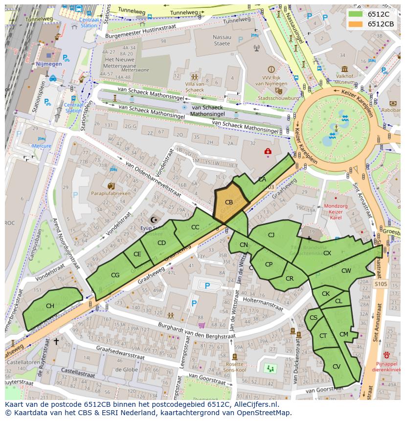 Afbeelding van het postcodegebied 6512 CB op de kaart.