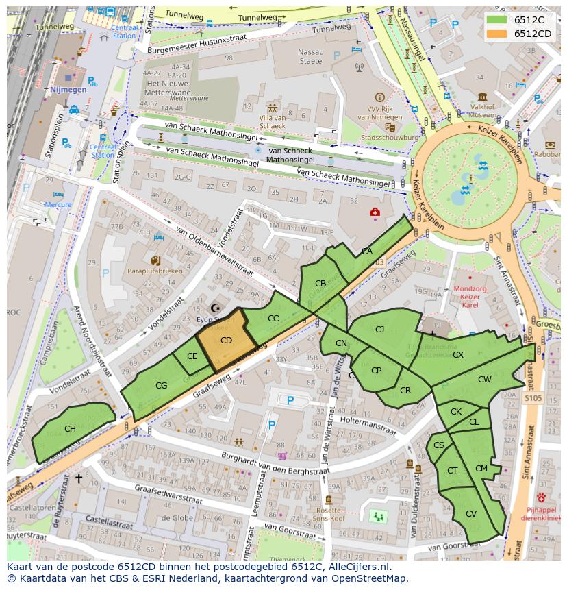 Afbeelding van het postcodegebied 6512 CD op de kaart.