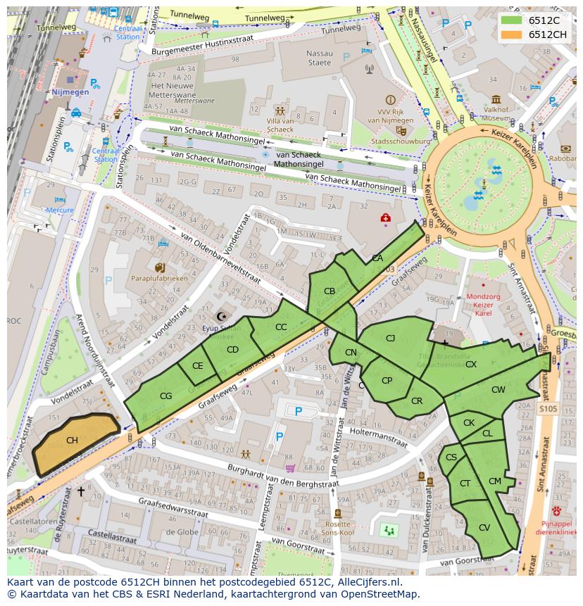 Afbeelding van het postcodegebied 6512 CH op de kaart.