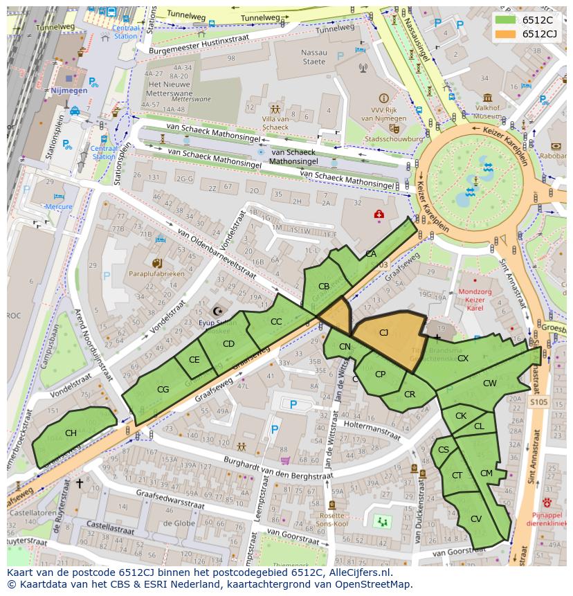 Afbeelding van het postcodegebied 6512 CJ op de kaart.