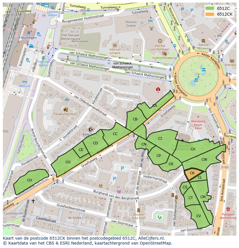 Afbeelding van het postcodegebied 6512 CK op de kaart.