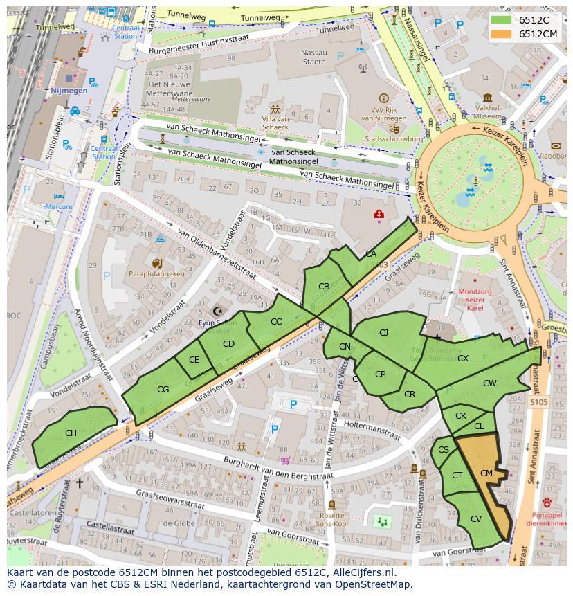 Afbeelding van het postcodegebied 6512 CM op de kaart.