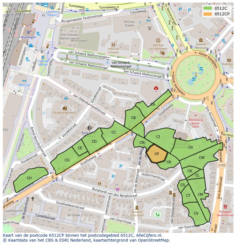 Afbeelding van het postcodegebied 6512 CP op de kaart.