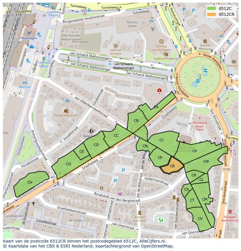 Afbeelding van het postcodegebied 6512 CR op de kaart.