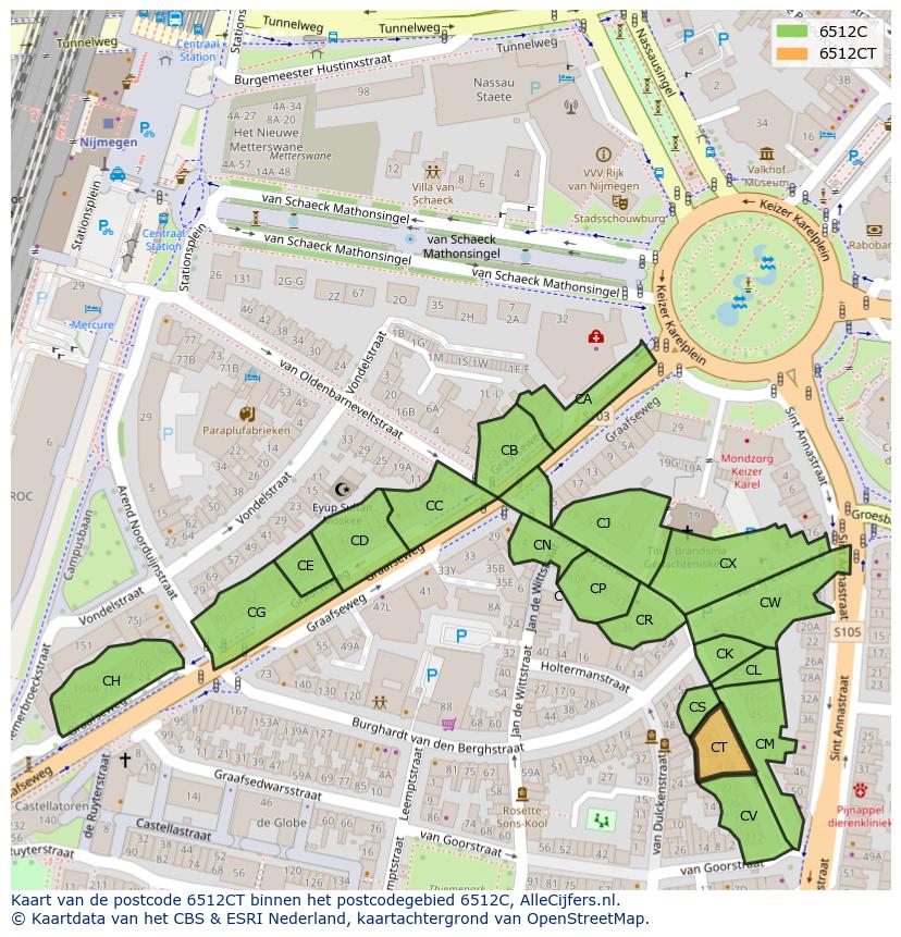 Afbeelding van het postcodegebied 6512 CT op de kaart.