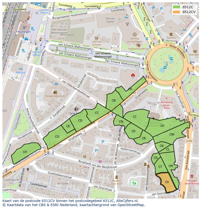Afbeelding van het postcodegebied 6512 CV op de kaart.