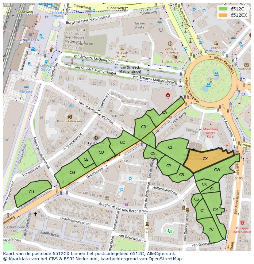 Afbeelding van het postcodegebied 6512 CX op de kaart.