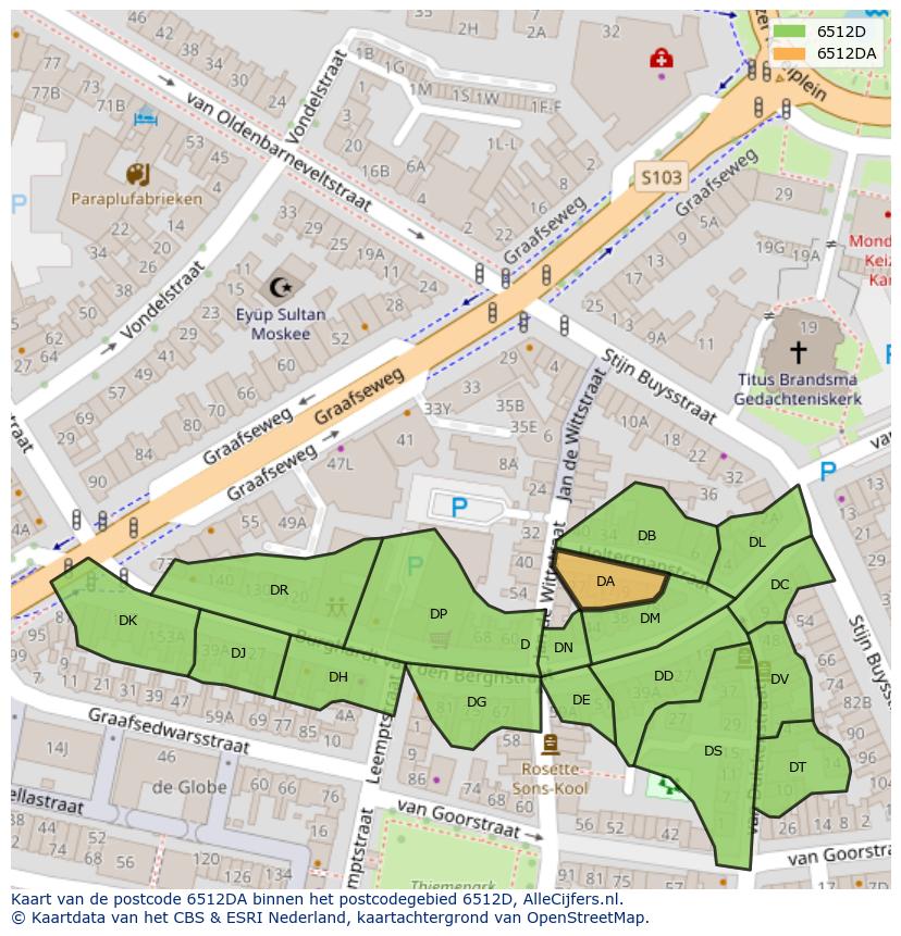 Afbeelding van het postcodegebied 6512 DA op de kaart.