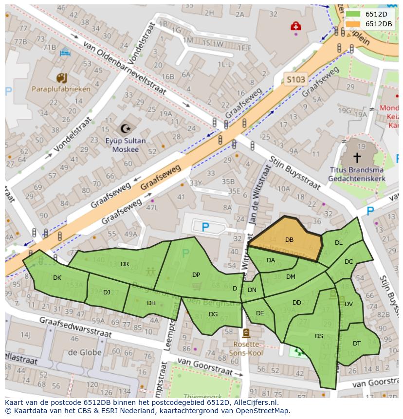 Afbeelding van het postcodegebied 6512 DB op de kaart.