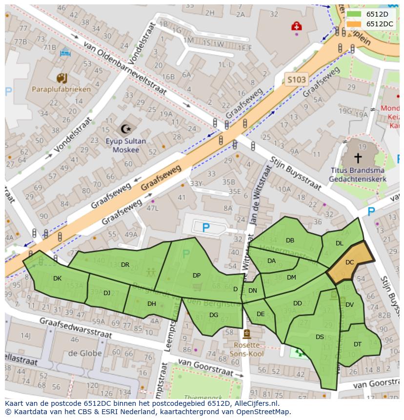 Afbeelding van het postcodegebied 6512 DC op de kaart.