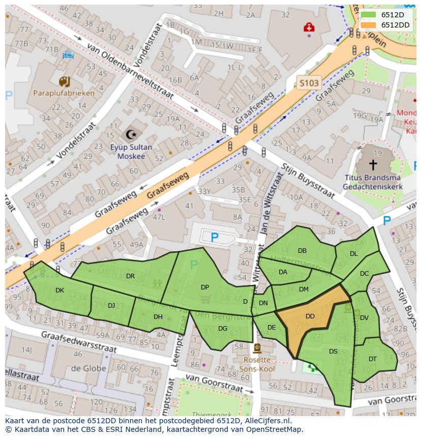 Afbeelding van het postcodegebied 6512 DD op de kaart.