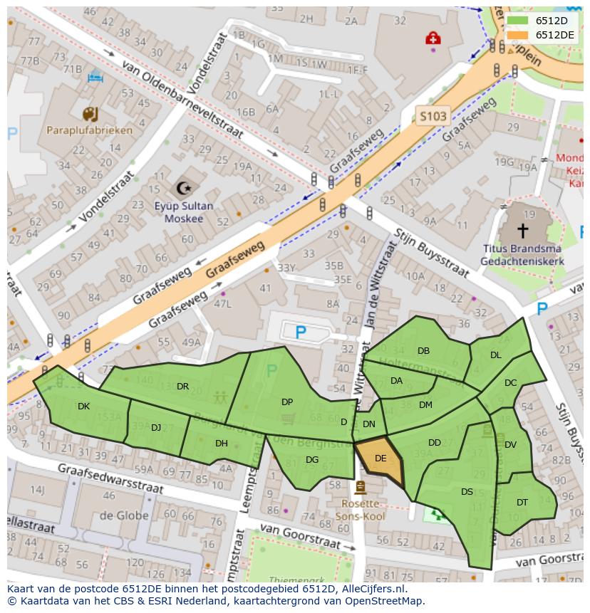 Afbeelding van het postcodegebied 6512 DE op de kaart.