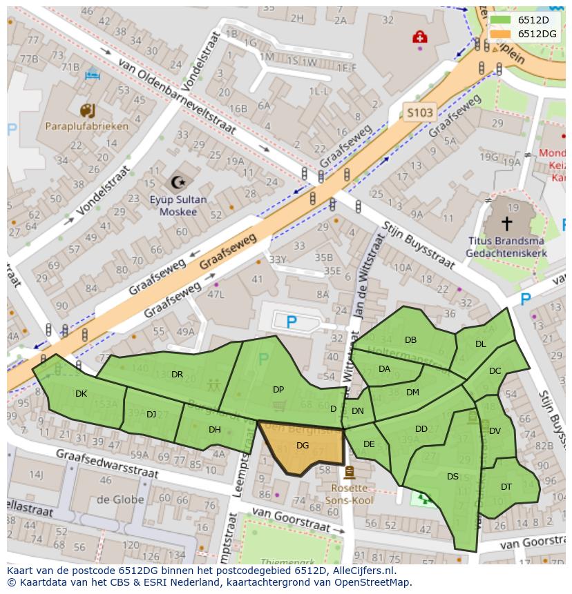 Afbeelding van het postcodegebied 6512 DG op de kaart.