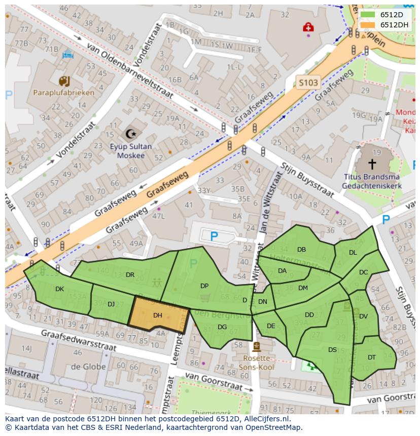 Afbeelding van het postcodegebied 6512 DH op de kaart.