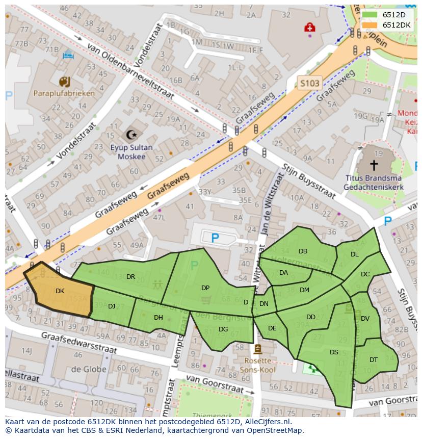 Afbeelding van het postcodegebied 6512 DK op de kaart.