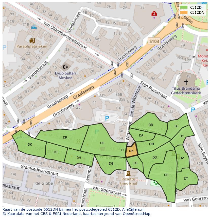 Afbeelding van het postcodegebied 6512 DN op de kaart.