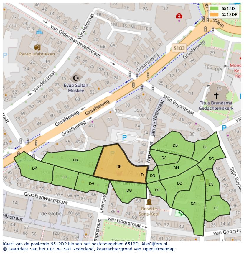 Afbeelding van het postcodegebied 6512 DP op de kaart.