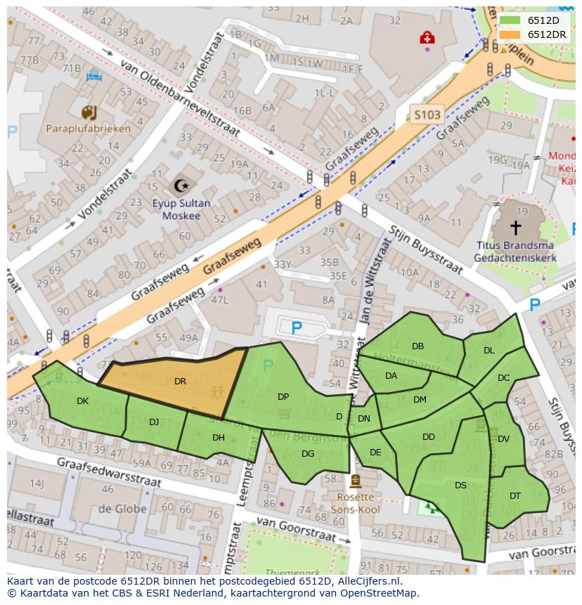 Afbeelding van het postcodegebied 6512 DR op de kaart.