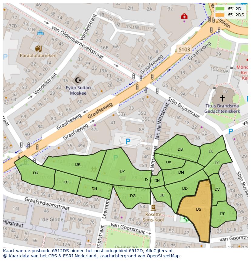 Afbeelding van het postcodegebied 6512 DS op de kaart.