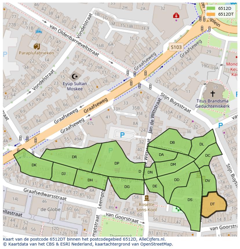 Afbeelding van het postcodegebied 6512 DT op de kaart.