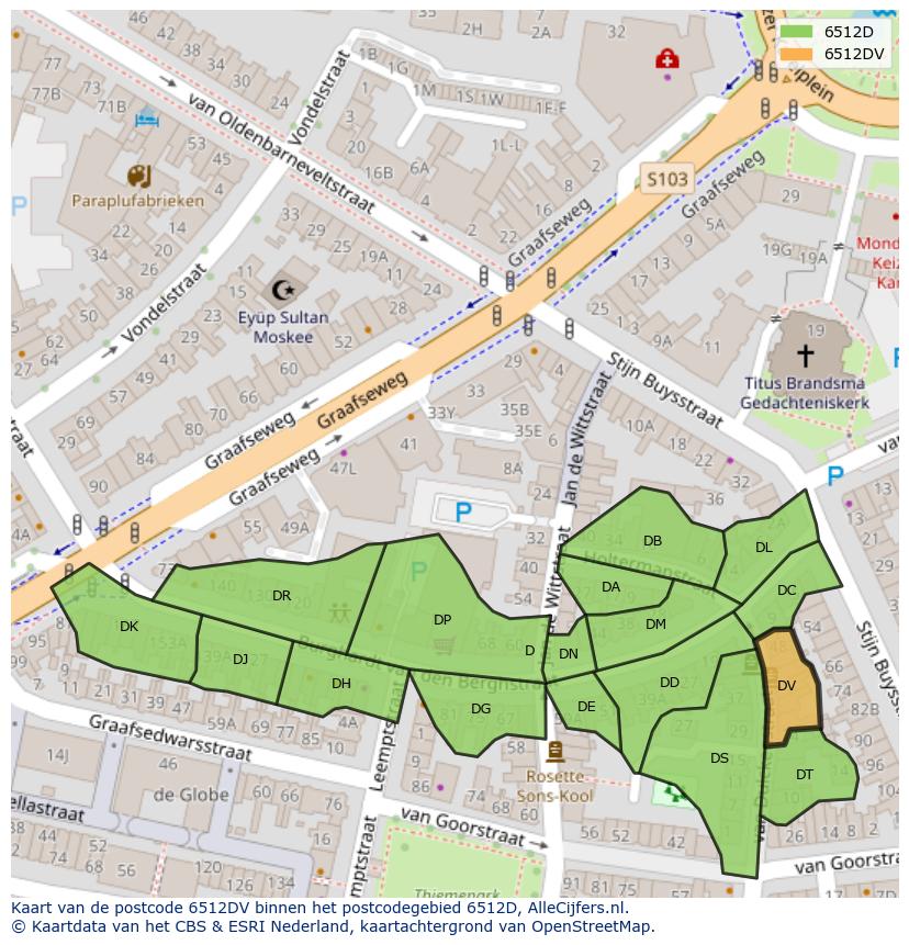 Afbeelding van het postcodegebied 6512 DV op de kaart.