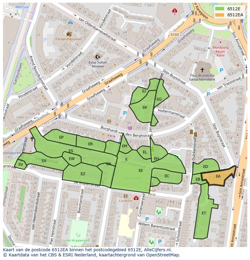 Afbeelding van het postcodegebied 6512 EA op de kaart.