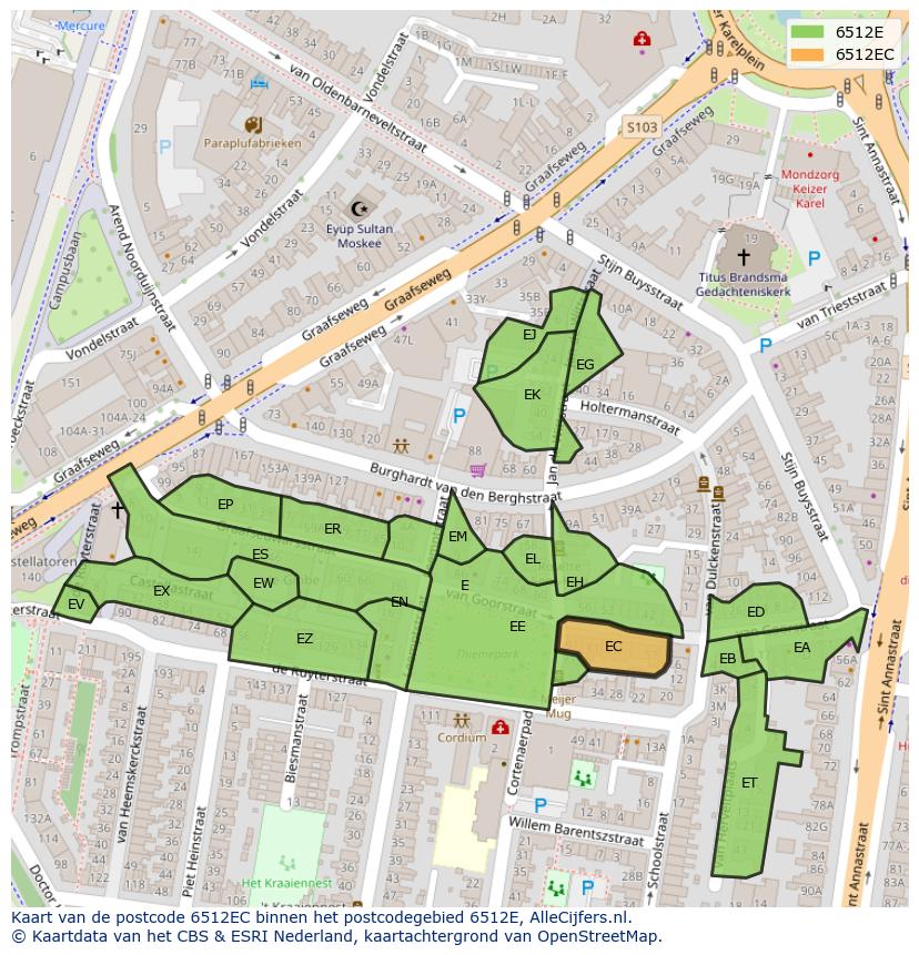Afbeelding van het postcodegebied 6512 EC op de kaart.
