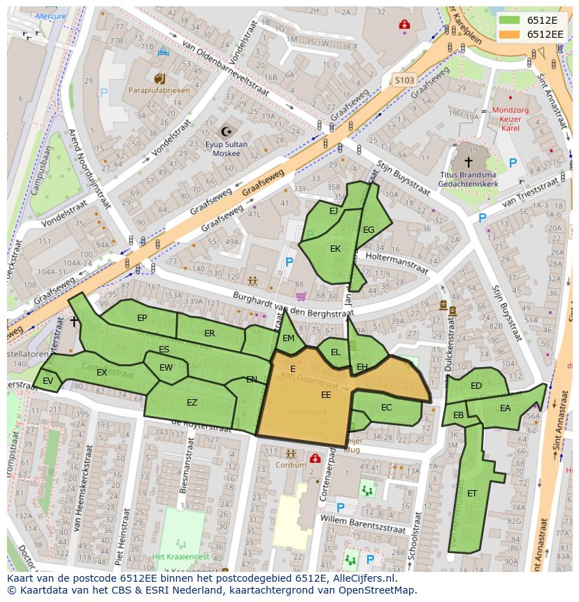 Afbeelding van het postcodegebied 6512 EE op de kaart.