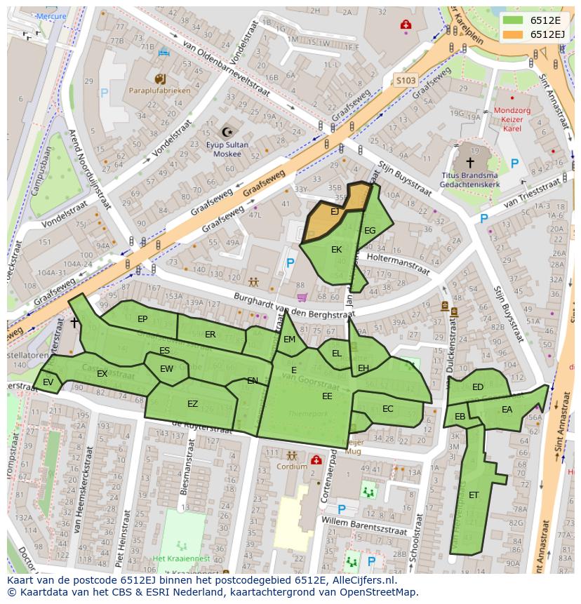 Afbeelding van het postcodegebied 6512 EJ op de kaart.