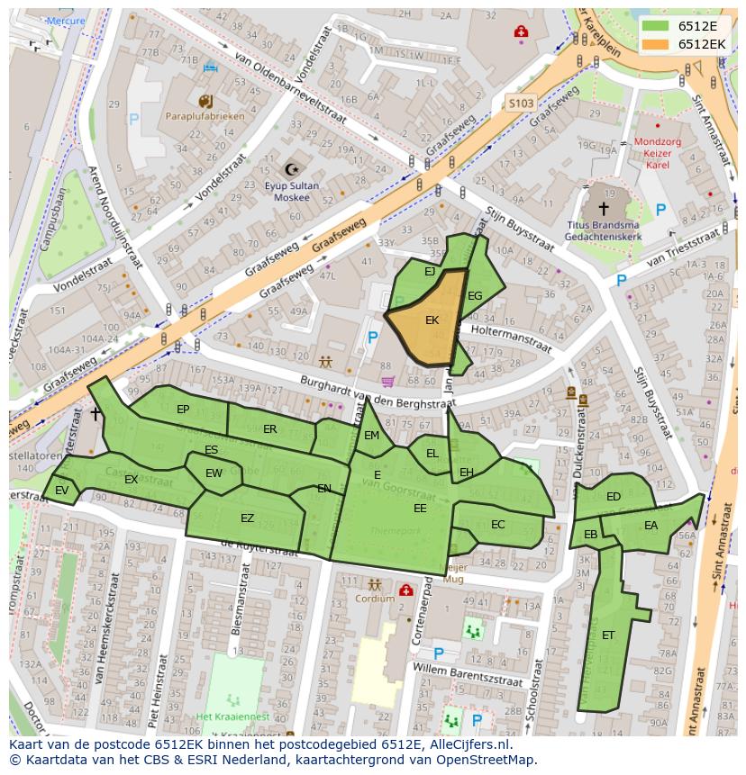 Afbeelding van het postcodegebied 6512 EK op de kaart.