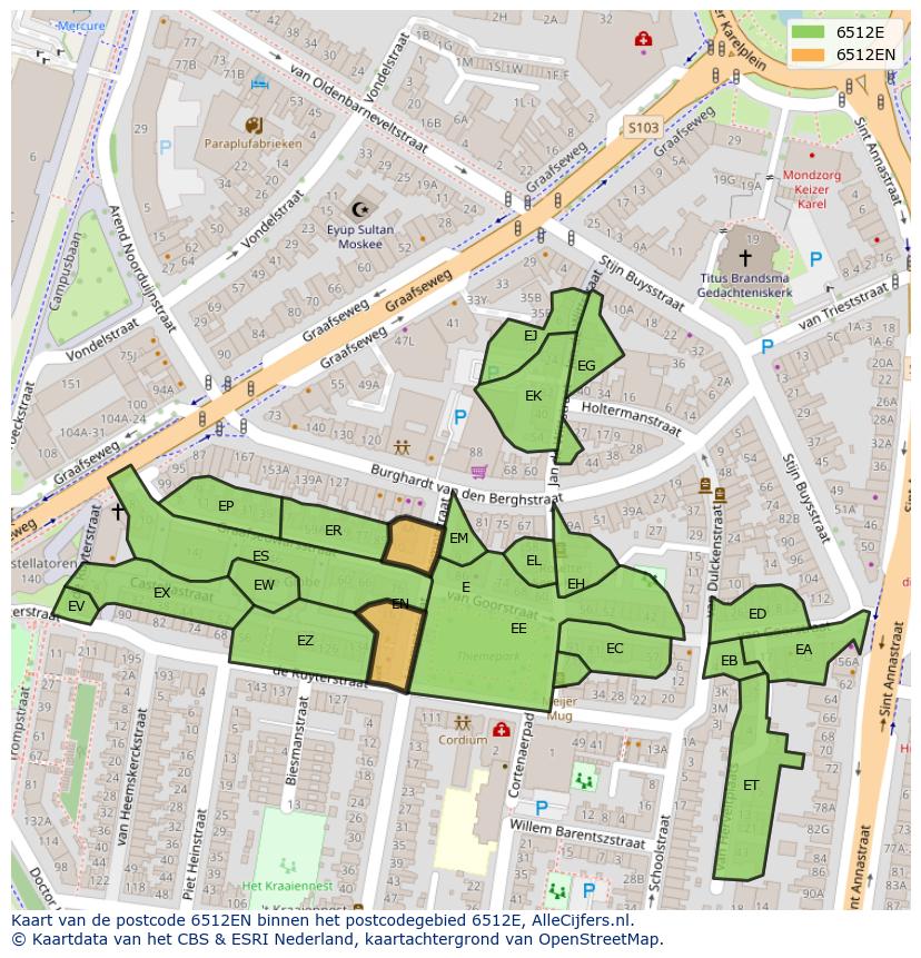 Afbeelding van het postcodegebied 6512 EN op de kaart.
