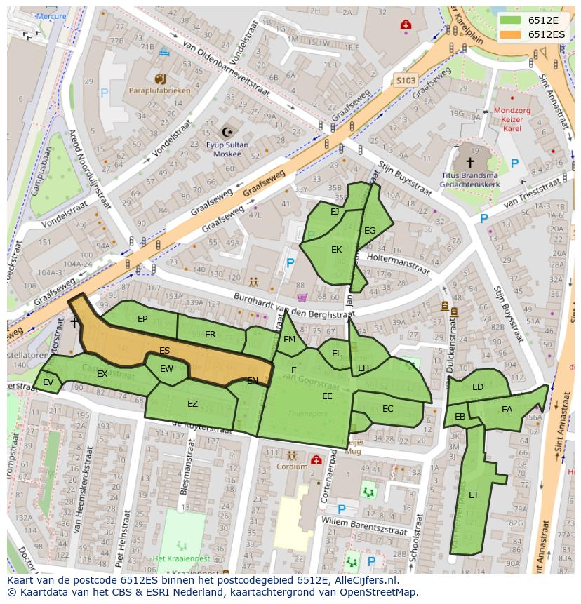 Afbeelding van het postcodegebied 6512 ES op de kaart.