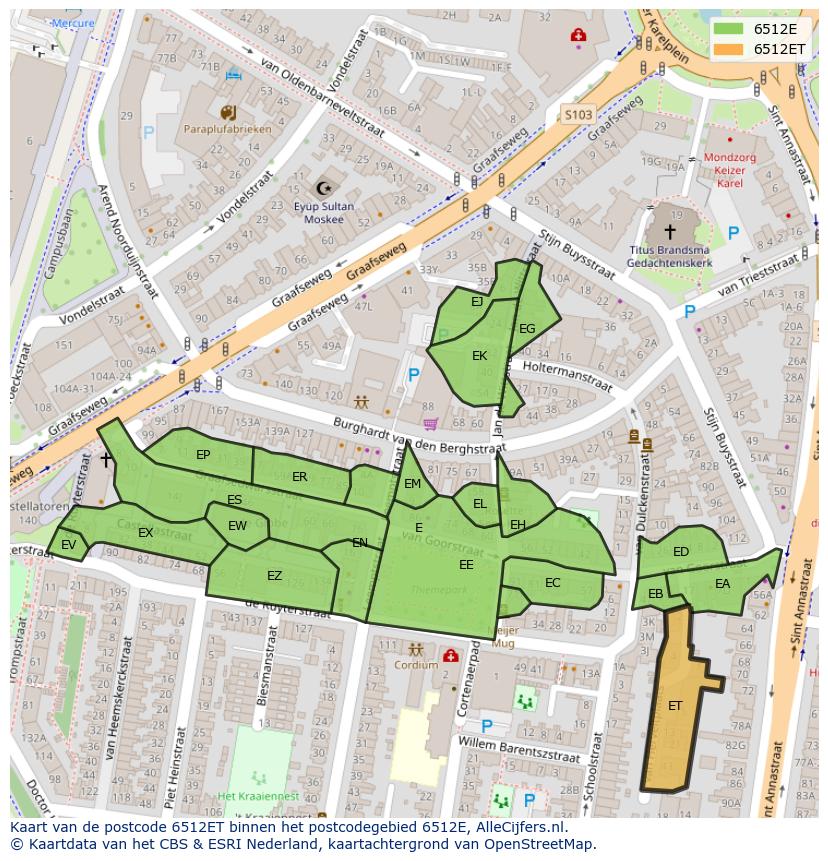 Afbeelding van het postcodegebied 6512 ET op de kaart.
