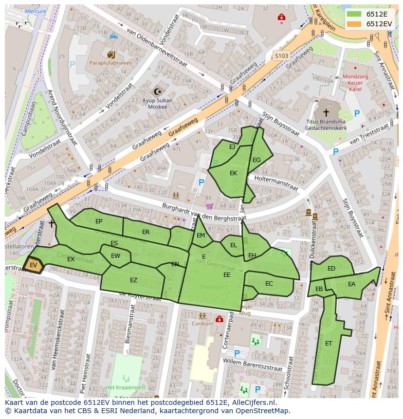 Afbeelding van het postcodegebied 6512 EV op de kaart.