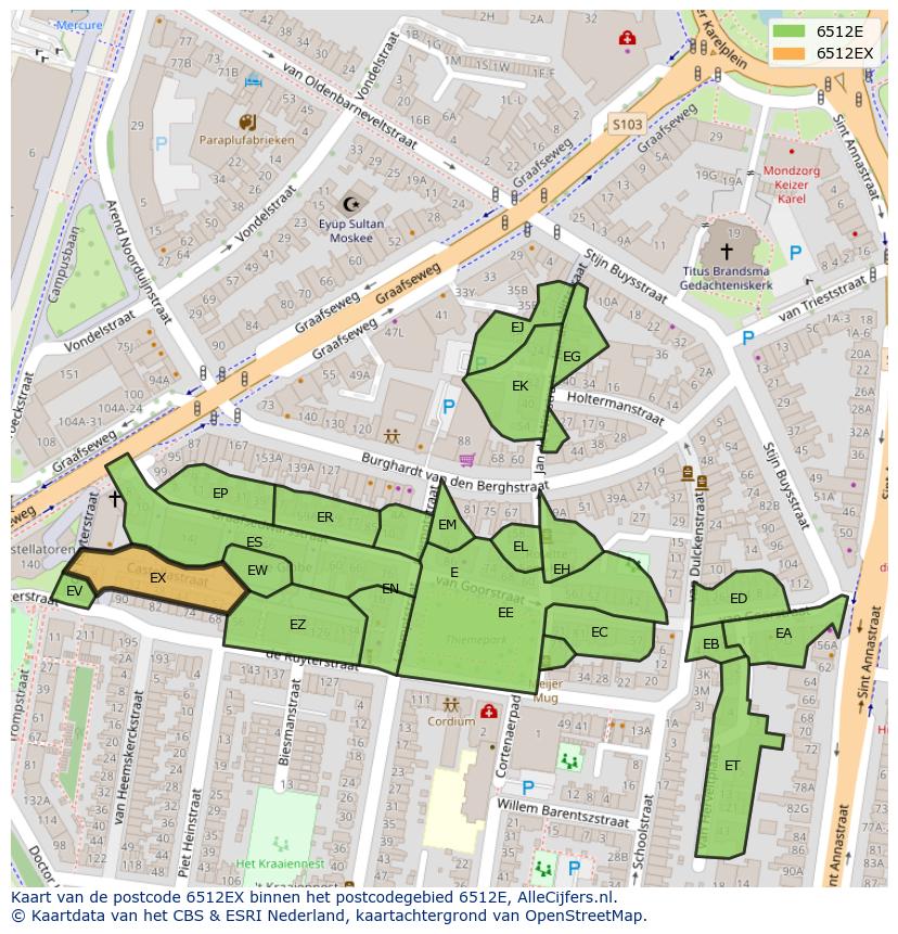 Afbeelding van het postcodegebied 6512 EX op de kaart.