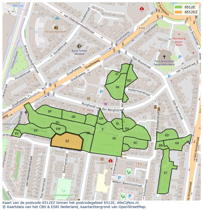 Afbeelding van het postcodegebied 6512 EZ op de kaart.