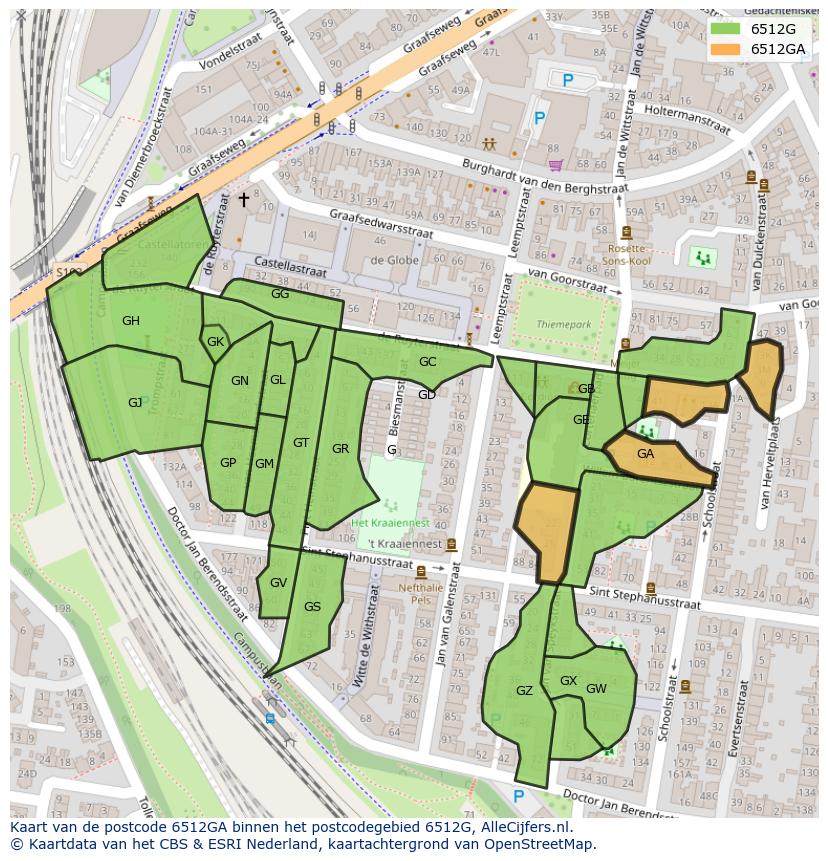 Afbeelding van het postcodegebied 6512 GA op de kaart.