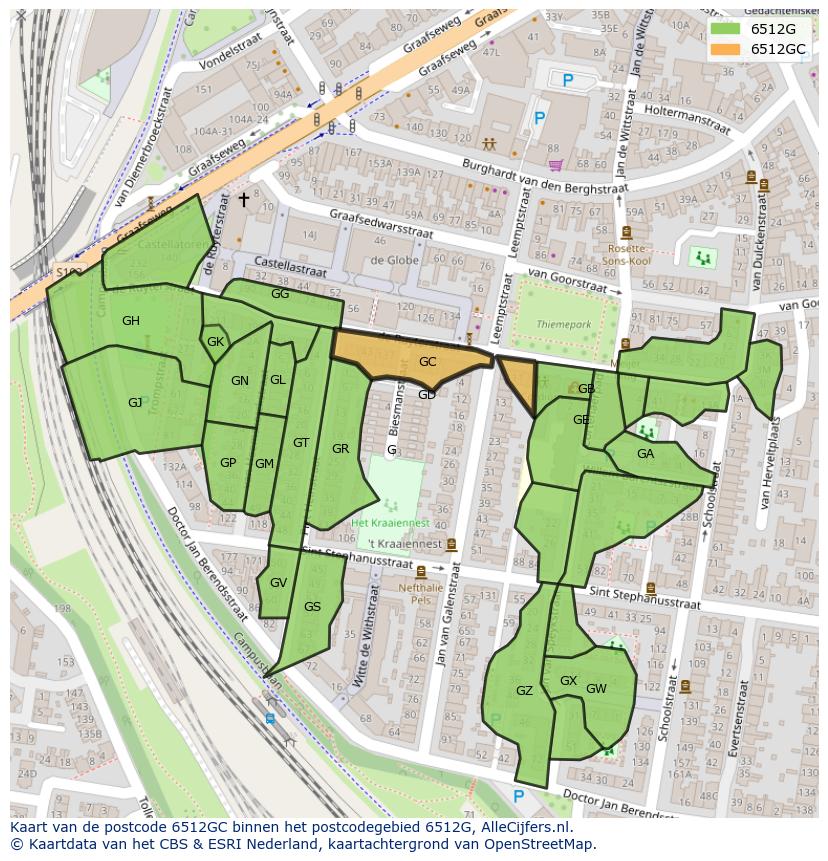 Afbeelding van het postcodegebied 6512 GC op de kaart.