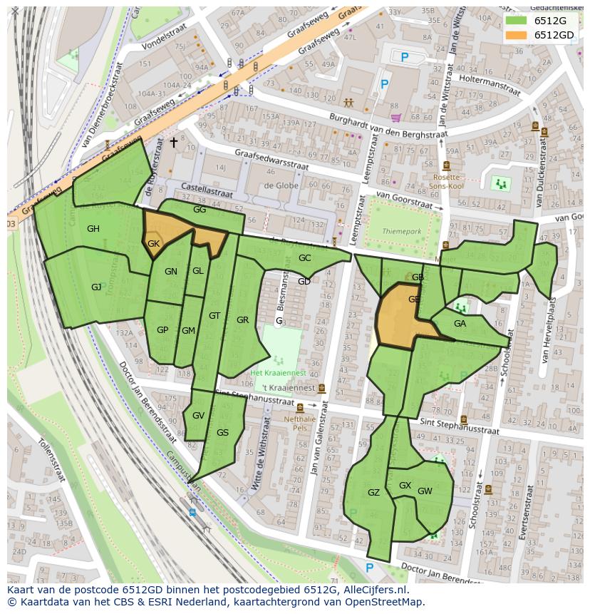 Afbeelding van het postcodegebied 6512 GD op de kaart.