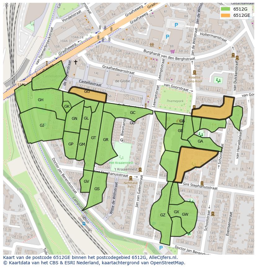 Afbeelding van het postcodegebied 6512 GE op de kaart.