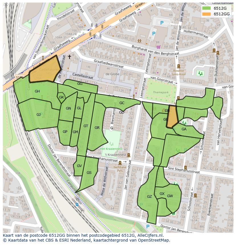 Afbeelding van het postcodegebied 6512 GG op de kaart.