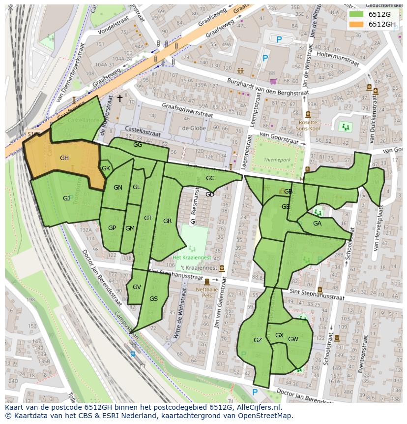 Afbeelding van het postcodegebied 6512 GH op de kaart.