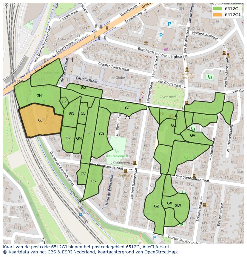 Afbeelding van het postcodegebied 6512 GJ op de kaart.