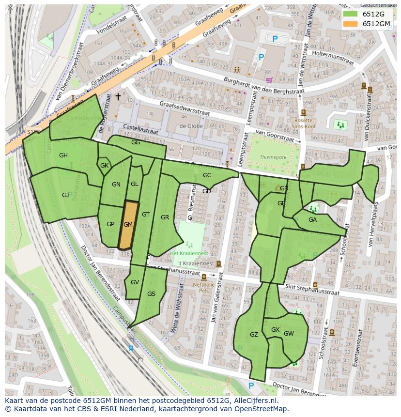 Afbeelding van het postcodegebied 6512 GM op de kaart.