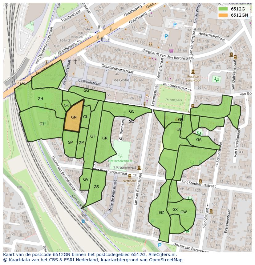 Afbeelding van het postcodegebied 6512 GN op de kaart.