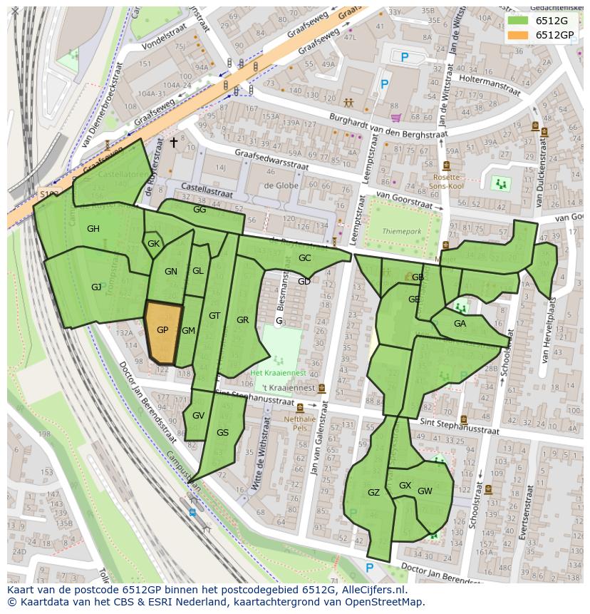 Afbeelding van het postcodegebied 6512 GP op de kaart.