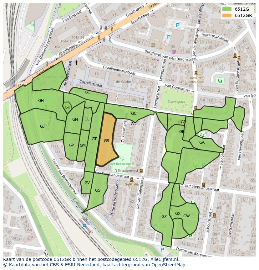 Afbeelding van het postcodegebied 6512 GR op de kaart.