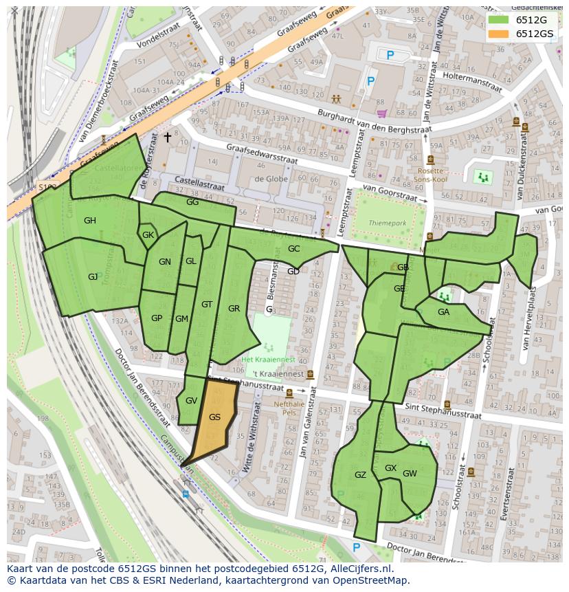 Afbeelding van het postcodegebied 6512 GS op de kaart.