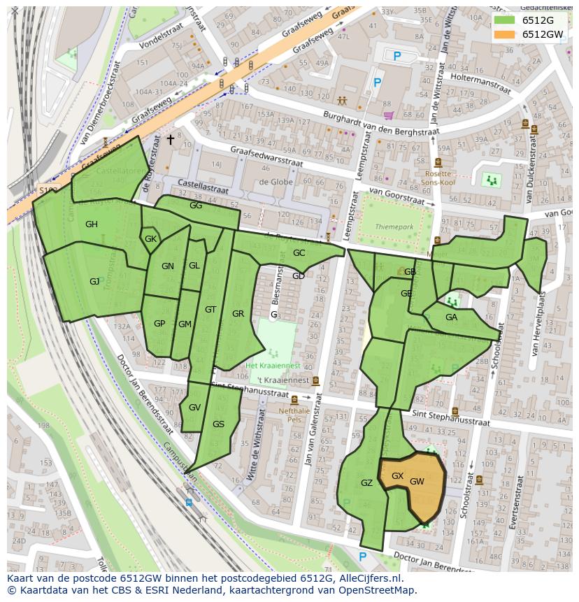 Afbeelding van het postcodegebied 6512 GW op de kaart.