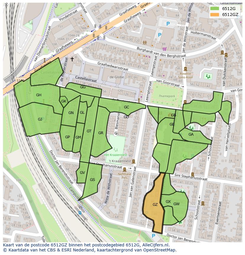 Afbeelding van het postcodegebied 6512 GZ op de kaart.